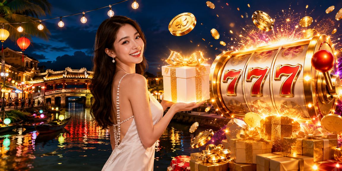 Cảnh chơi slot game ban đêm tại khu phố cổ Hội An với không khí lễ hội sôi động