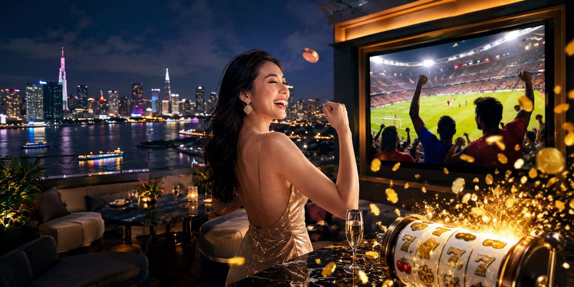 Người chơi slot game tại Sài Gòn với giao diện Jackpot sáng đèn neon về đêm
